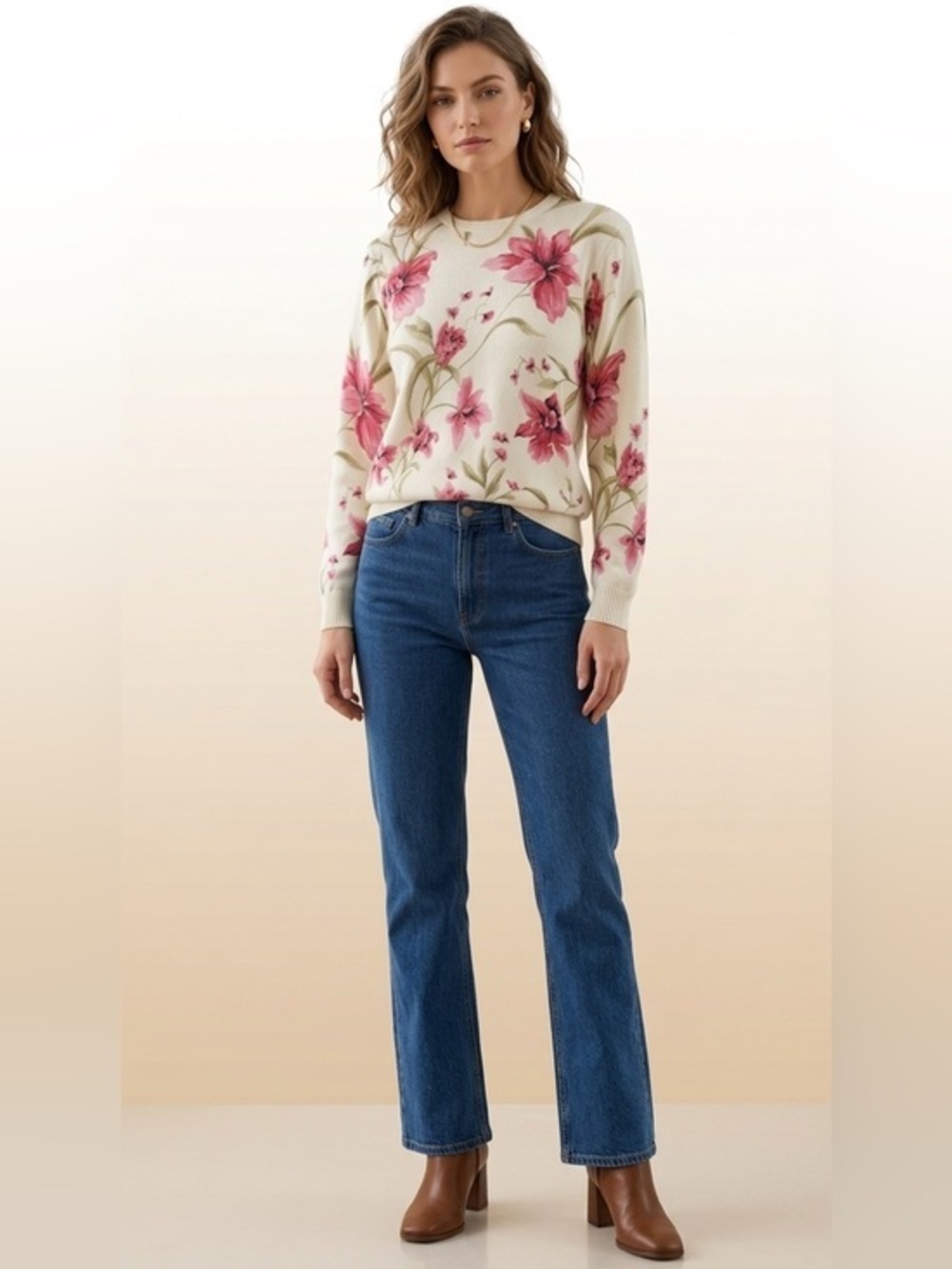 Alfred Dunner Cream & Pink Floral Print Crewneck Sweater